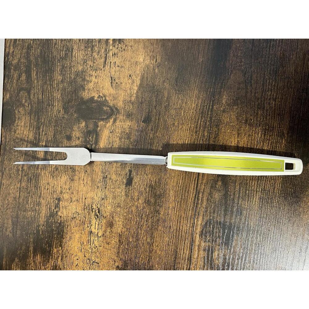 Vintage EKCO Chromium Plated Serving Folk Plastic Handle Green 70's